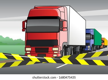 Traffic jam on the border. Delay in the delivery of parcels, products, online purchases in Europe due to coronavirus, 2019-nCov, covid-19. Bad mail, delivery interruptions. Black and yellow ribbon