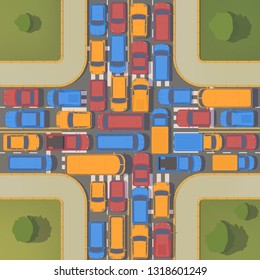 Traffic jam on crossroad. Large congestion of cars. Top view vector flat illustration.