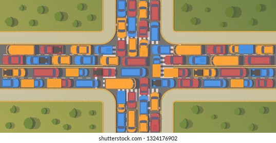 Traffic jam on crossroad. Large congestion of cars. Top view vector flat illustration.