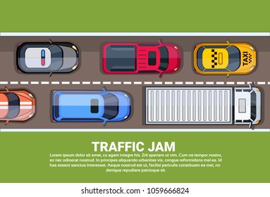 Traffic Jam On Highway Top View With Road Full Of Different Cars