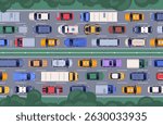 Traffic jam on multi-lane highway, top down view. Cars and trucks on multilane road, busy overloaded city street. Auto vehicles, ambulance and police transport in congestion. Flat vector illustration