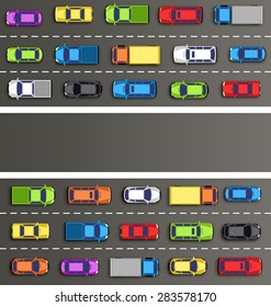 Traffic jam on the road with cars on gray background