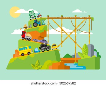 Traffic jam on road in mountains. Drive transport, automobile and congestion, travel on roadway, slow and stress, stopper transit, flat vector illustration.