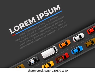 Traffic jam on the road. Road transport. Highway banner. Vector background