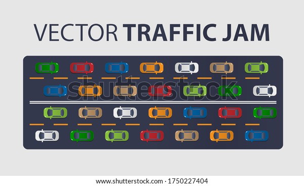 Traffic jam on the road.\
Road transport. Highway banner. Vector isolated background. Top or\
Above View.