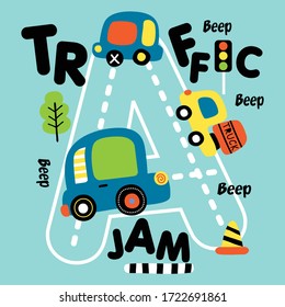 Traffic Jam On The Road,kid Typography,funny Cartoon,vector Illustration