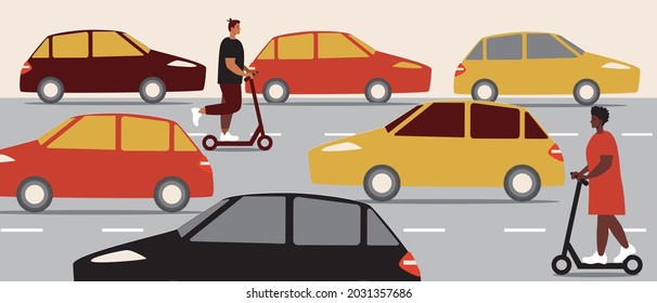 Atascos de tráfico y personas en una motocicleta eléctrica. Ilustración de material vectorial plano. Carros atascados. Transporte eléctrico moderno en la carretera. Gente rápida. Libertad de circulación en el tráfico. Gráficos vectoriales