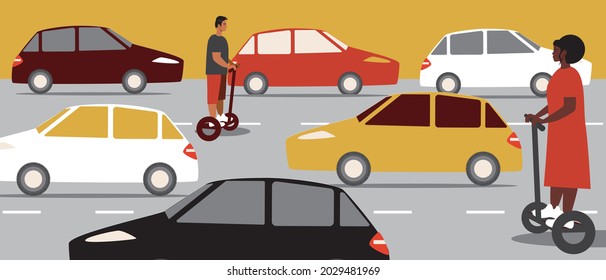 Traffic jam and people on a gyro scooter. Flat vector stock illustration. Jammed cars. Modern gyro transport on the road. Fast people. Freedom of movement in traffic. Vector graphics