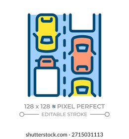 Verkehrsstau Pixel perfekte Linie Farbe Symbol. Langsamere Geschwindigkeiten und längere Fahrzeiten für Fahrzeuge. Probleme mit der Straßeninfrastruktur. Isolierte Vektorgrafik. Flaches buntes Symboldesign. Bearbeitbarer Strich