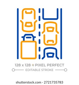 Pixel de atasco de tráfico perfecto icono de línea de dos colores. Velocidades más lentas, tiempos de viaje más largos. Símbolo de contorno bicolor de problemas de infraestructura vial. Pictograma lineal duotono. Ilustración aislada. Trazo editable
