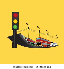 Traffic jam road in City. Traffic moves slowly along a busy road Cowded. Vehicles on Road with Traffic Jam Pollution, side View with City Background. Vector illustration National Road Safety Week.