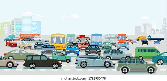 Atasco de tráfico en la intersección de carreteras, ilustración