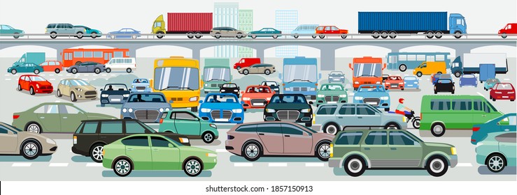 Traffic jam at the road intersection, illustration