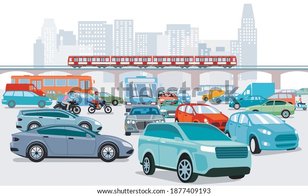 Traffic jam at the road intersection and\
Transport by elevated train,,\
illustration