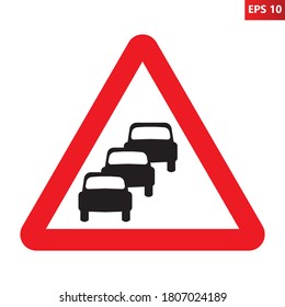 Traffic jam road sign. Traffic queues likely ahead. Congestion Likely. Vector illustration of red triangular warning traffic sign isolated on white background.