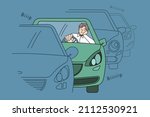 Traffic jam and road situation concept. Confused sad young man driver sitting in car in traffic jam waiting for movement feeling tired to stay in one place vector illustration 