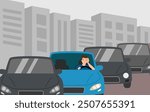 Traffic jam and road situation concept. Confused sad young man driver sitting in car in traffic jam waiting for movement vector illustration.