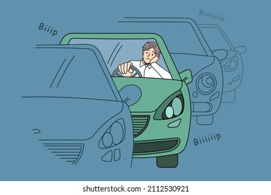 Traffic jam and road situation concept. Confused sad young man driver sitting in car in traffic jam waiting for movement feeling tired to stay in one place vector illustration 