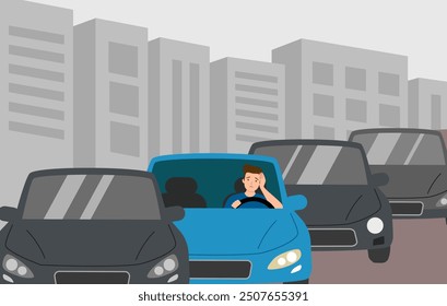 Concepto de atasco de tráfico y situación de la carretera. Confundido y triste conductor joven sentado en el coche en el atasco de tráfico esperando la Ilustración vectorial de movimiento.