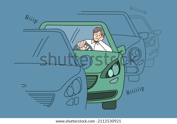 Traffic jam and\
road situation concept. Confused sad young man driver sitting in\
car in traffic jam waiting for movement feeling tired to stay in\
one place vector illustration\
