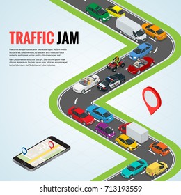 Traffic jam and Road way location. Mobile gps navigation flat isometric high quality city transport car urban public and freight transport for infographics