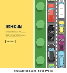 Traffic jam in rush hour poster in flat style. Urban heavy traffic concept, top view cars on road, automobile congestion, city transport services. Highway transportation banner vector illustration.