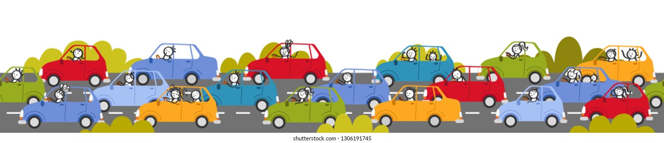 Traffic jam, rush hour, stick people in colorful cars, cartoon street and bushes, isolated on white background