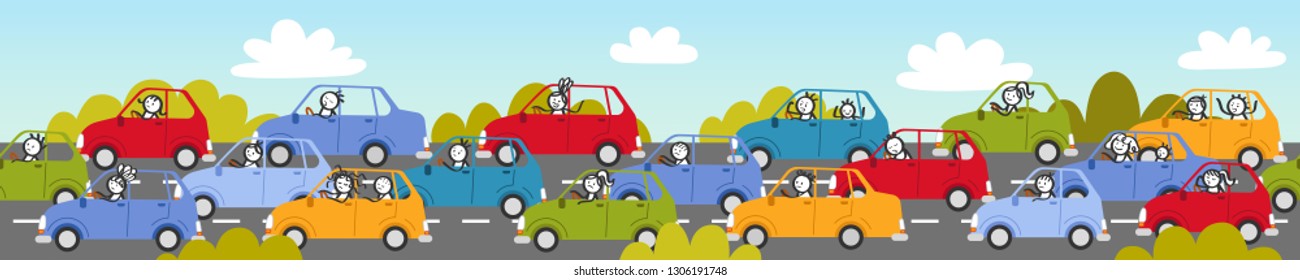 Traffic jam, rush hour, stick people in colorful cars, cartoon street, bushes and clouds isolated on white background