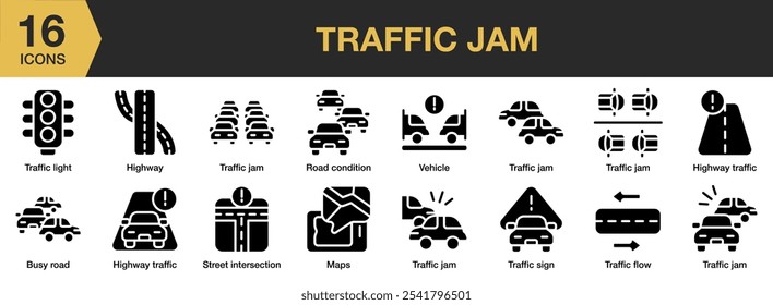 Conjunto de ícones sólidos de congestionamento de tráfego. Inclui estrada de ônibus, estrada, estrada, rua, veículo engarrafamento, e Mais. Coleção vetorial de ícones sólidos.