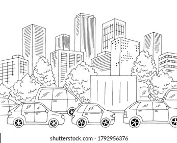 Traffic jam street road graphic black white city landscape sketch illustration vector