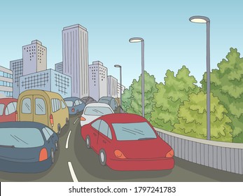 Traffic jam street road graphic color city landscape sketch illustration vector