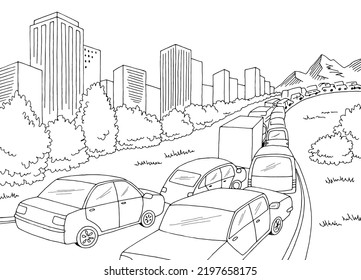 Traffic jam street road graphic black white city landscape sketch illustration vector 