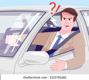 Traffic jam stress flat vector illustration. Angry businessman in suit driving car and yelling cartoon character. Irritated and aggressive young driver in automobile. Stressful commuting to work