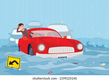 Traffic jam and there is flood the way, vector illustration and flat design.