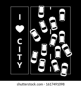 Traffic jam top view, city concept, clothing design