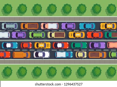 Traffic jam top view. Many cars on highway, different vehicles from above. Auto on road vector infographic