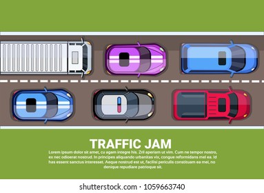 Traffic Jam Top View Road Or Highway Full Of Different Cars And Trucks Background With Copy Space