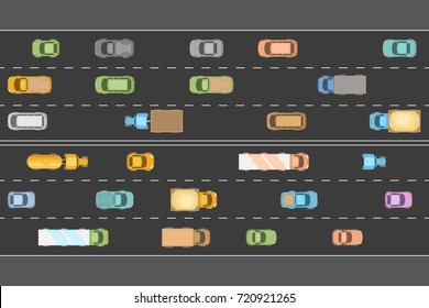 Traffic jam. Top view. The road with various vehicles in traffic.  View from above.