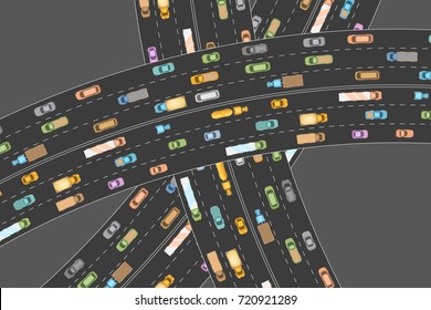Traffic jam. Top view.  The road and overpass with cars in traffic. View from above.