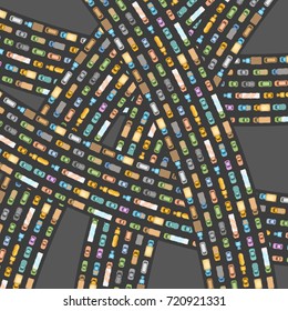 Traffic jam. Top view.  The road and overpass with cars in traffic. View from above.