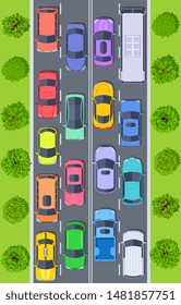 Traffic jam. Top view trucks and cars on highway road stuck in traffic. Urban transport management vector concept