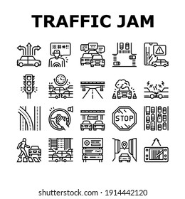 Traffic Jam Transport Collection Icons Set Vector. Broken Car And Accident, Traffic Light And Human Crossing Road On Crosswalk Black Contour Illustrations