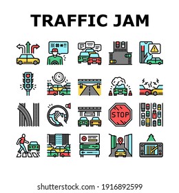 Traffic Jam Transport Collection Icons Set Vector. Broken Car And Accident, Traffic Light And Human Crossing Road On Crosswalk Concept Linear Pictograms. Contour Color Illustrations