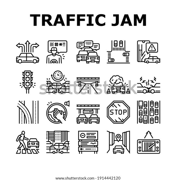Traffic Jam Transport Collection Icons Set\
Vector. Broken Car And Accident, Traffic Light And Human Crossing\
Road On Crosswalk Black Contour\
Illustrations