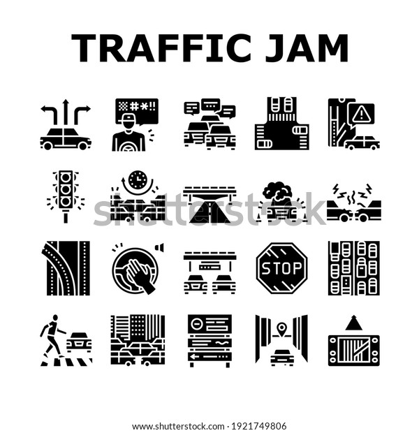 Traffic Jam Transport Collection\
Icons Set Vector. Broken Car And Accident, Traffic Light And Human\
Crossing Road On Crosswalk Glyph Pictograms Black\
Illustrations