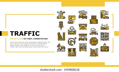 Traffic Jam Transport Landing Web Page Header Banner Template Vector. Broken Car And Accident, Traffic Light And Human Crossing Road On Crosswalk Illustration