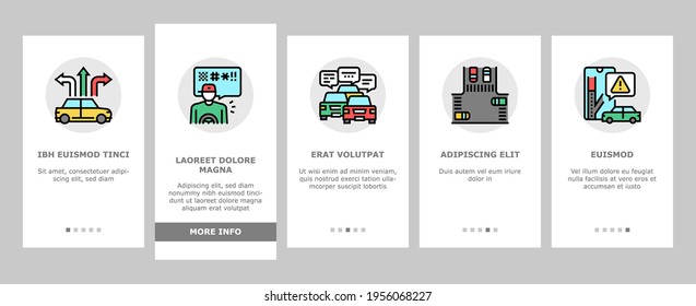Traffic Jam Transport Onboarding Mobile App Page Screen Vector. Broken Car And Accident, Traffic Light And Human Crossing Road On Crosswalk Illustrations