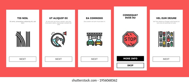 Traffic Jam Transport Onboarding Mobile App Page Screen Vector. Broken Car And Accident, Traffic Light And Human Crossing Road On Crosswalk Illustrations