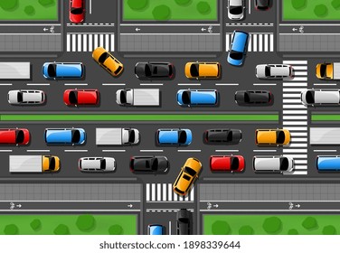 Traffic jam vector city freeway with cars driving on road top view. Rush hour in town, vehicles on two lane highway. Automobiles stand in rows, traffic jam problem of megalopolis, transport congestion