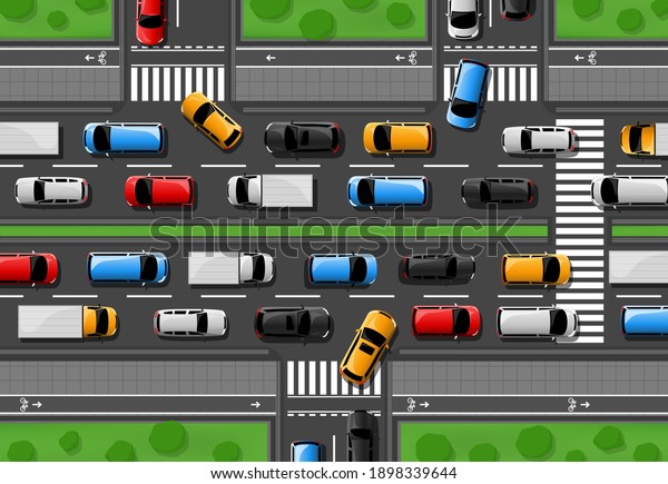 Traffic jam vector city freeway with cars\
driving on road top view. Rush hour in town, vehicles on two lane\
highway. Automobiles stand in rows, traffic jam problem of\
megalopolis, transport\
congestion